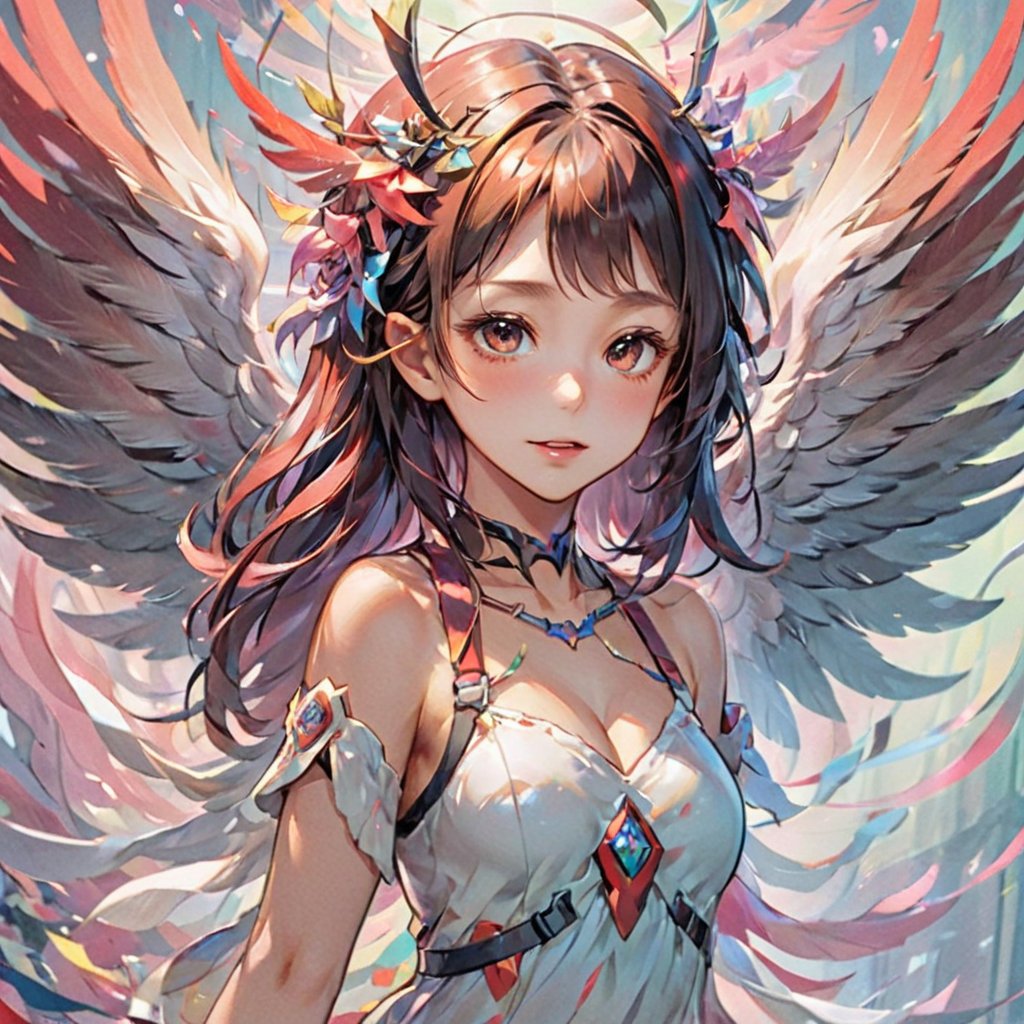 (masterpiece, best quality, chromatic aberration), (nude:0.5), Mecha girl, mecha wings, fangs, happy, abstract background, best eyes, light particles, flying, panty peek,