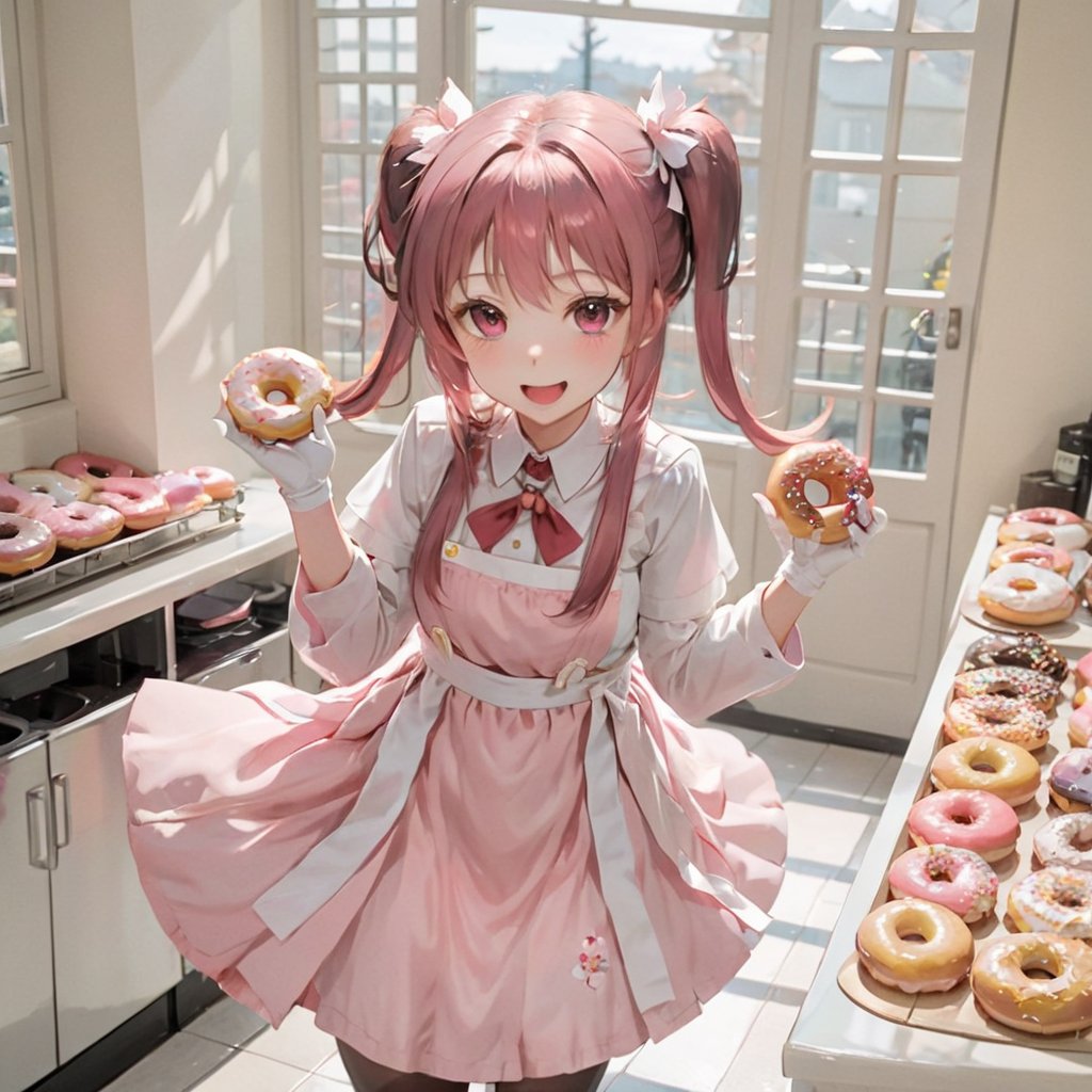 donutgirl, 1girl, solo, looking at viewer, blush, smile, open mouth, skirt, thighhighs, gloves, ponytail, pink hair, japanese clothes, pink eyes, apron, maid headdress, petals, cherry blossoms, spoon, oversized object, wa maid