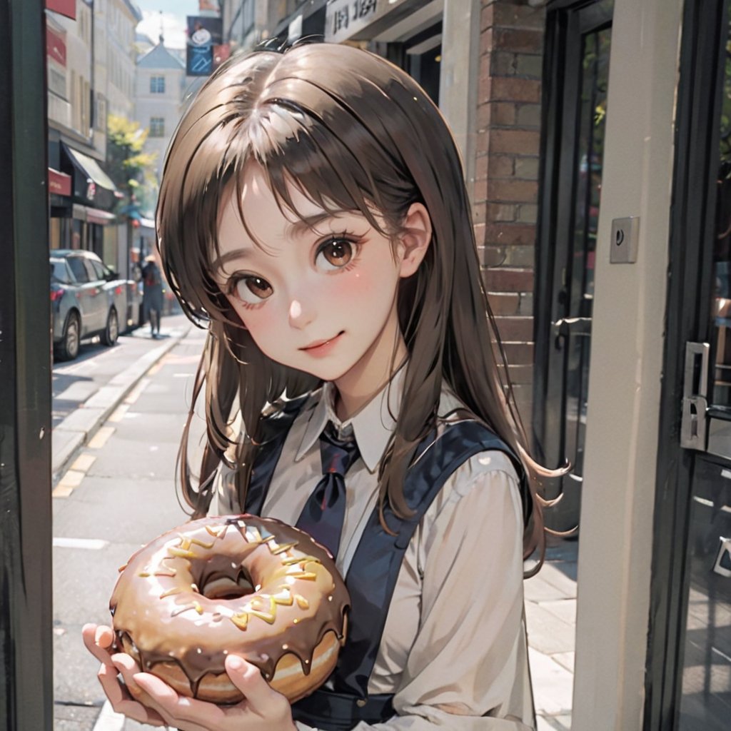 donutgirl, 1girl, solo, long hair, looking at viewer, smile, skirt, simple background, brown hair, brown eyes, jewelry, ponytail, food, necklace, bag, eating, black background, :t, doughnut, paper bag