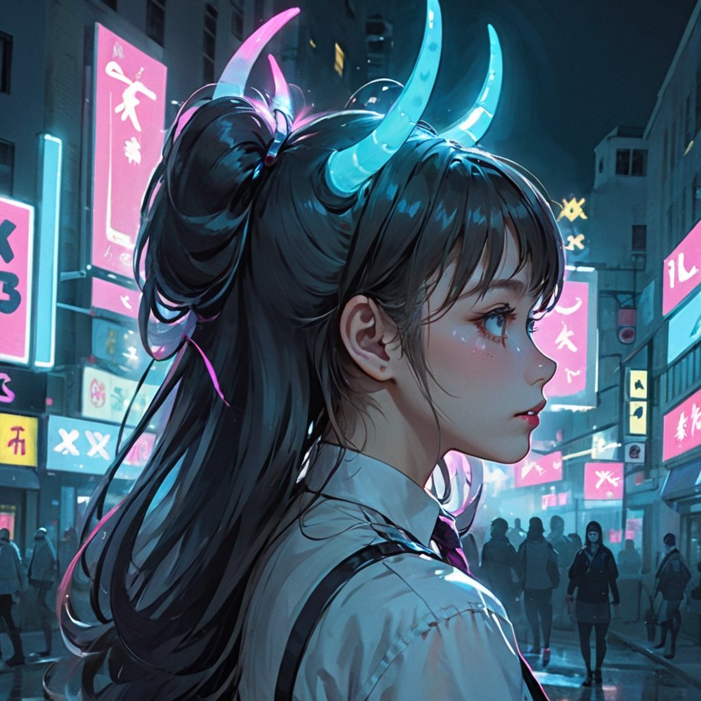 (masterpiece, best quality, chromatic aberration), 1girl, solo, long hair, ponytail, demon horns, horns, cyperpunk vibes, synthwave, city scrapper, night, neon, neon light, RTX, post processing, depth of field