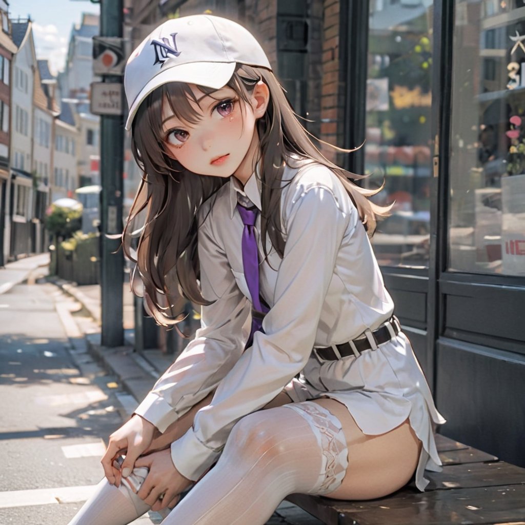 donutgirl, 1girl, solo, long hair, looking at viewer, blush, brown hair, shirt, thighhighs, long sleeves, hat, jewelry, sitting, purple eyes, collarbone, white shirt, ponytail, earrings, outdoors, one eye closed, shorts, day, midriff, belt, necklace, off shoulder, black footwear, crop top, dutch angle, white headwear, fishnets, baseball cap, asymmetrical legwear, sign