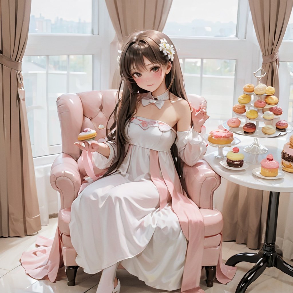 donutgirl, 1girl, solo, long hair, looking at viewer, blush, smile, open mouth, brown hair, gloves, dress, bow, ribbon, bare shoulders, jewelry, sitting, hair ribbon, flower, frills, food, sleeveless, choker, indoors, white gloves, white dress, side ponytail, cup, window, sleeveless dress, rose, chair, drill hair, table, frilled dress, white flower, curtains, couch, pink flower, teacup, cake, teapot, tea, saucer, vase, macaron, tiered tray