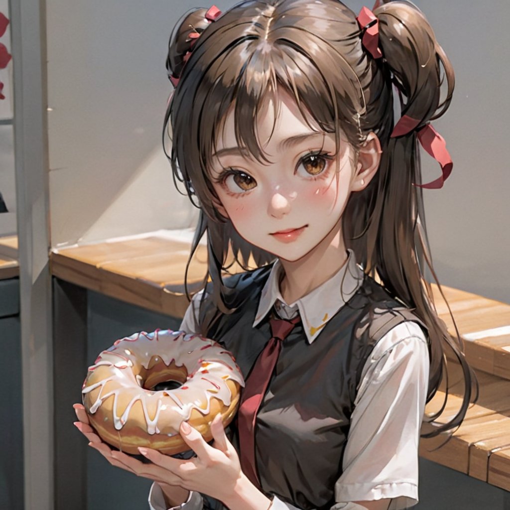 donutgirl, 1girl, solo, long hair, looking at viewer, smile, skirt, simple background, brown hair, brown eyes, jewelry, ponytail, food, necklace, bag, eating, black background, :t, doughnut, paper bag