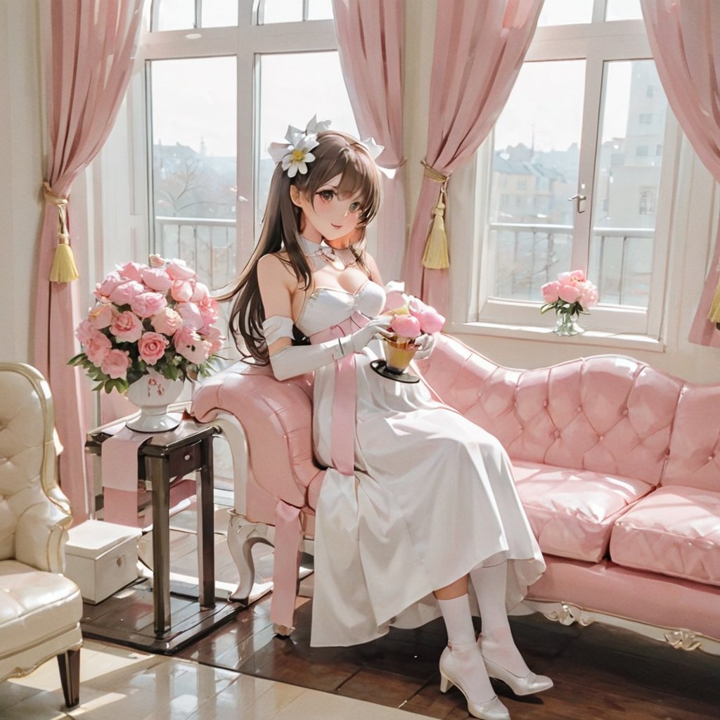 donutgirl, 1girl, solo, long hair, looking at viewer, blush, smile, open mouth, brown hair, gloves, dress, bow, ribbon, bare shoulders, jewelry, sitting, hair ribbon, flower, frills, food, sleeveless, choker, indoors, white gloves, white dress, side ponytail, cup, window, sleeveless dress, rose, chair, drill hair, table, frilled dress, white flower, curtains, couch, pink flower, teacup, cake, teapot, tea, saucer, vase, macaron, tiered tray