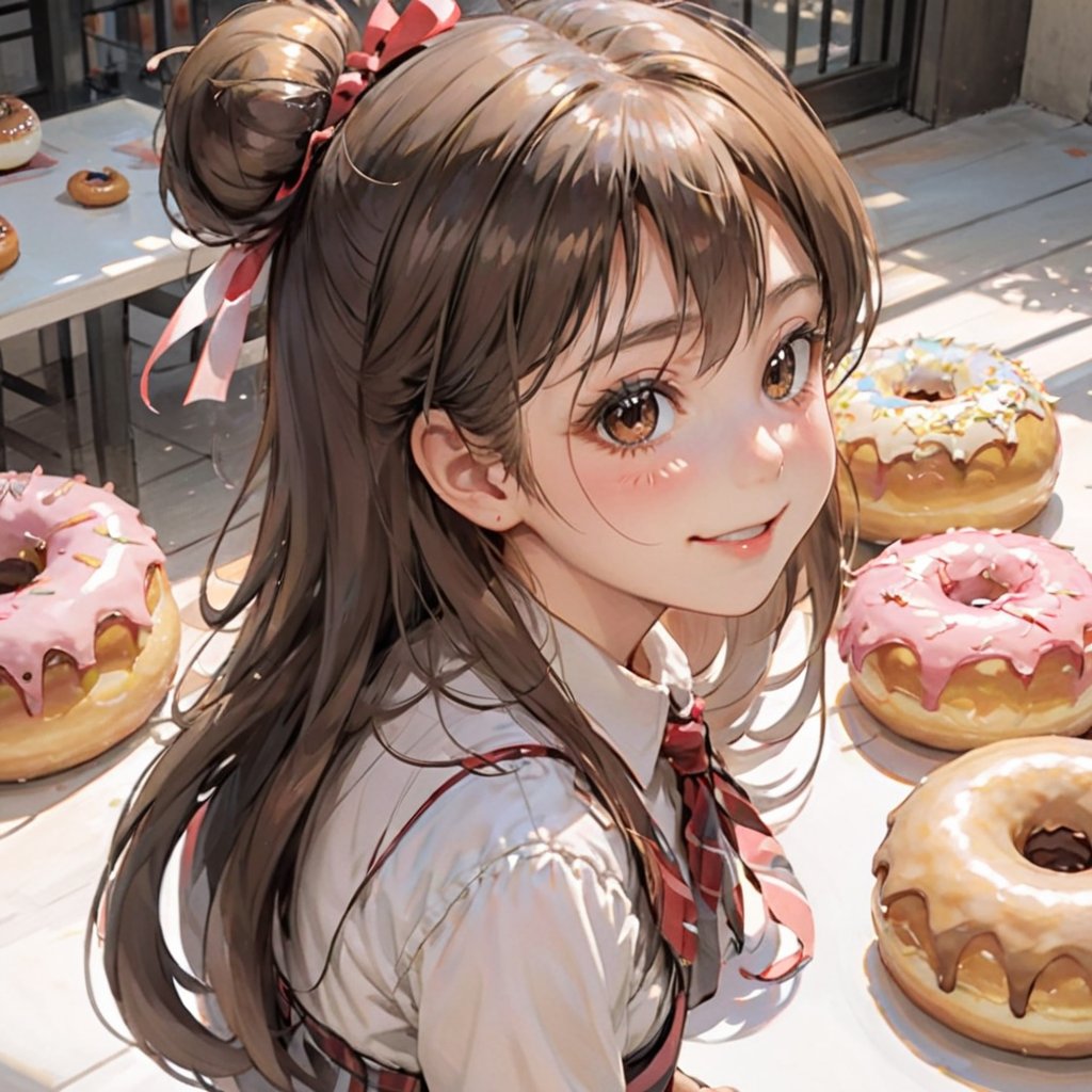 donutgirl, 1girl, long hair, looking at viewer, blush, smile, open mouth, multiple girls, skirt, brown hair, hair ornament, dress, brown eyes, ponytail, short sleeves, red hair, frills, food, solo focus, bracelet, plaid, sparkle, scrunchie, +_+, doughnut, sparkling eyes