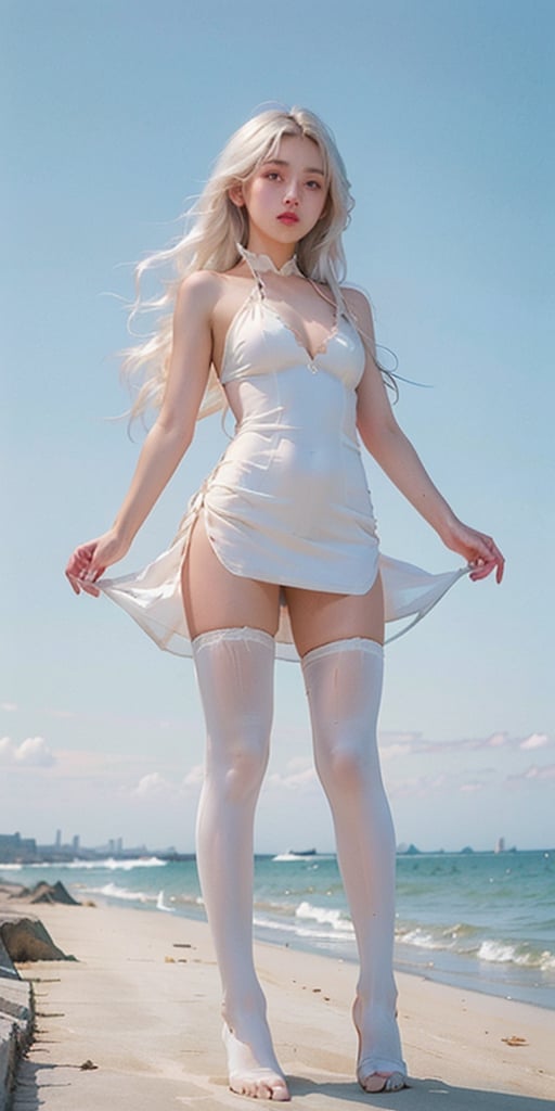 1girl,solo,medium breasts,red eyes, 
china dress,bare legs, bare arms,
standing, seaside,blue sky, no_panties,sideless,facing viewer, white hair, long hair,White pantyhose,cuteloli