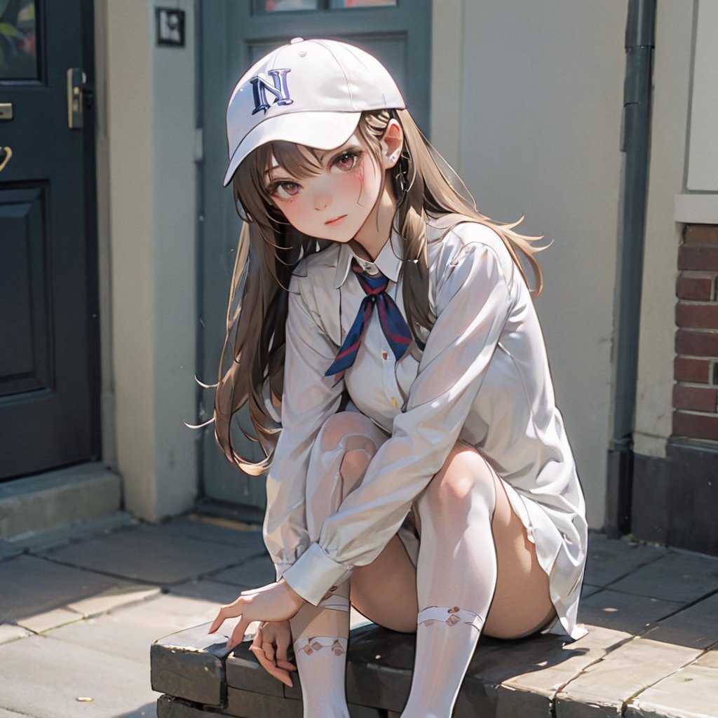 donutgirl, 1girl, solo, long hair, looking at viewer, blush, brown hair, shirt, thighhighs, long sleeves, hat, jewelry, sitting, purple eyes, collarbone, white shirt, ponytail, earrings, outdoors, one eye closed, shorts, day, midriff, belt, necklace, off shoulder, black footwear, crop top, dutch angle, white headwear, fishnets, baseball cap, asymmetrical legwear, sign