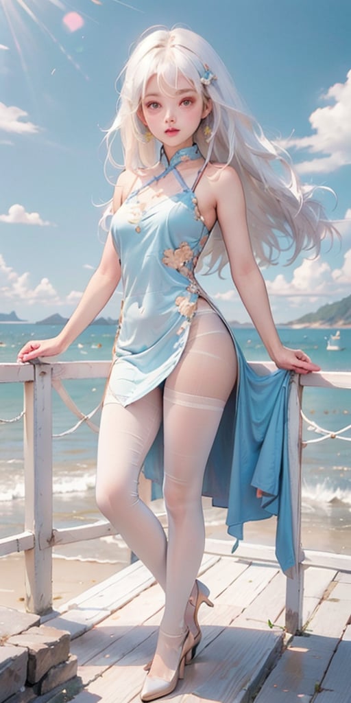 1girl,solo,medium breasts,red eyes, 
china dress,bare legs, bare arms,
standing, seaside,blue sky, no_panties,sideless,facing viewer, white hair, long hair,White Pantyhose,baisixuegao