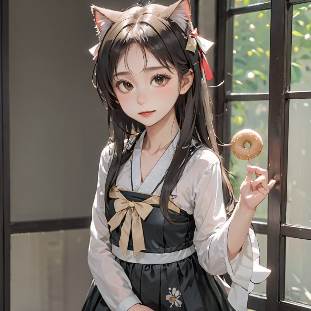 donutgirl, 1girl, solo, long hair, looking at viewer, blush, smile, skirt, brown hair, hair ornament, thighhighs, gloves, bow, ribbon, navel, animal ears, twintails, brown eyes, jewelry, collarbone, tail, earrings, lying, frills, choker, midriff, black thighhighs, cat ears, miniskirt, on back, black skirt, crop top, cat tail, bell, moon, cat, suspenders, frilled skirt, lace trim, lace, jingle bell, full moon, halloween, animal hands, paw pose, hair bell, jack-o'-lantern, tail ornament, lace-trimmed legwear, paw gloves, pumpkin, black cat, cat paws,xxmix girl woman,hanfu,guofeng