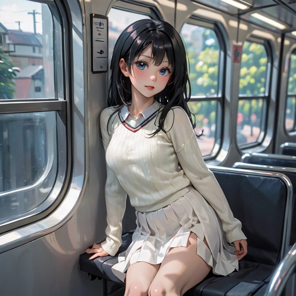 (masterpiece, best quality, chromatic aberration), solo, sweater, skirt lift, white skirt, no panties, show pussy, pussy, blush, black hair, long hair, hair ribbon, (public:1.1), glowing eyes, blue eyes, embarrassed, sitting, in train, train interior, (evil smile:1.2), nature, window,