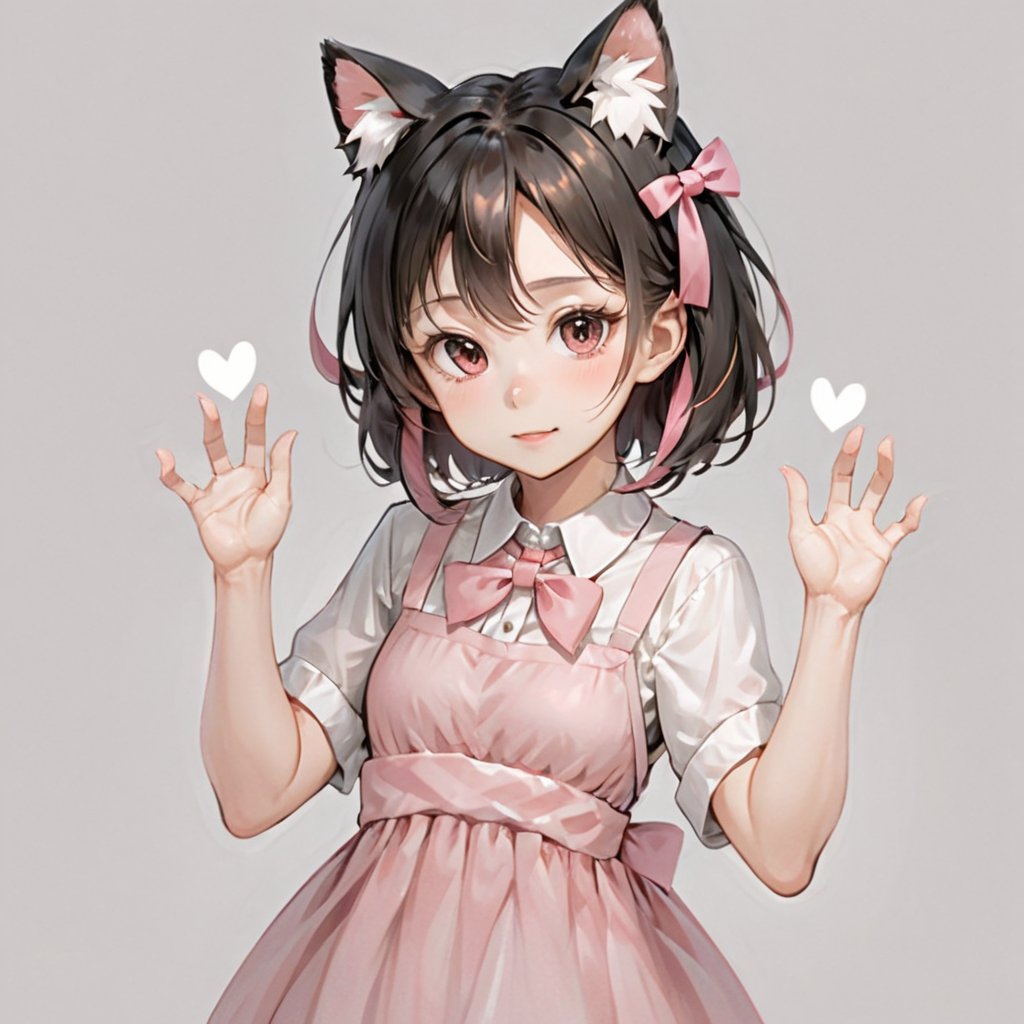 donutgirl, 1girl, solo, looking at viewer, blush, smile, open mouth, simple background, brown hair, shirt, thighhighs, dress, bow, ribbon, animal ears, hair ribbon, white shirt, ponytail, short sleeves, :d, frills, puffy sleeves, cat ears, bowtie, black dress, puffy short sleeves, wrist cuffs, hands up, fake animal ears, pink bow, black background, paw pose, pinafore dress, paw print
