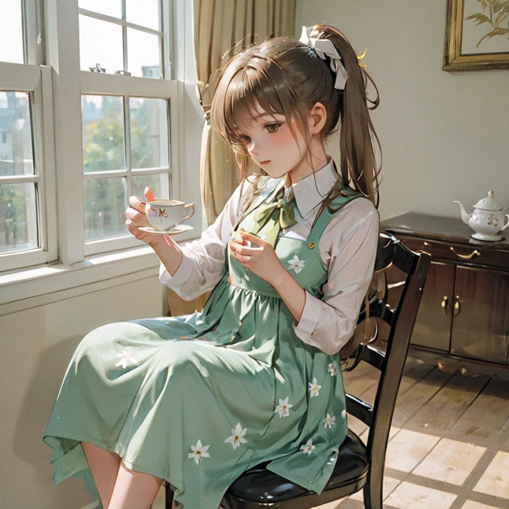 donutgirl, 1girl, solo, long hair, looking at viewer, blush, shirt, long sleeves, dress, bow, ribbon, holding, jewelry, sitting, white shirt, ponytail, flower, hair bow, red hair, earrings, frills, parted lips, food, indoors, necklace, :o, cup, plaid, window, sleeveless dress, chair, table, sunlight, high ponytail, curtains, holding cup, lens flare, plate, teacup, green dress, frilled shirt collar, spoon, pinafore dress, teapot, tea, saucer, vase, plaid dress, holding saucer