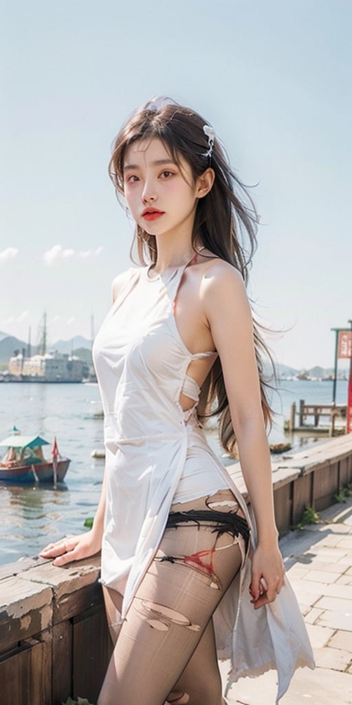 1girl,solo,medium breasts,red eyes, 
china dress,bare legs, bare arms,
standing, seaside,blue sky, no_panties,sideless,facing viewer, white hair, long hair,baisi xuegao,Torn pantyhose