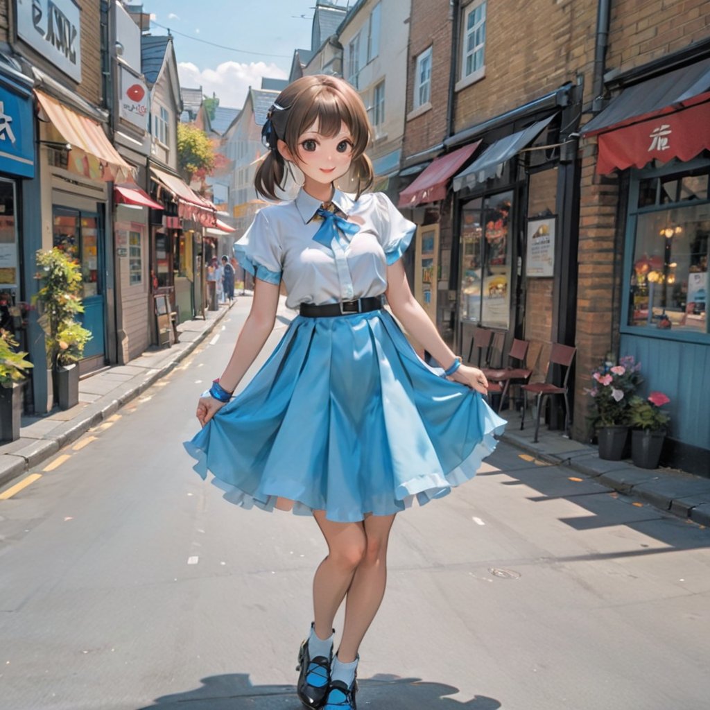 donutgirl, 1girl, looking at viewer, blush, smile, open mouth, skirt, brown hair, shirt, 1boy, bow, holding, brown eyes, jewelry, ponytail, short sleeves, hair bow, earrings, outdoors, frills, one eye closed, food, sky, solo focus, day, puffy sleeves, cloud, apron, red bow, blue sky, puffy short sleeves, blue skirt, wrist cuffs, swept bangs, ;d, frilled skirt, ground vehicle, motor vehicle, faceless, tray, faceless male, car, waitress, holding tray, doughnut, holding plate, roller skates