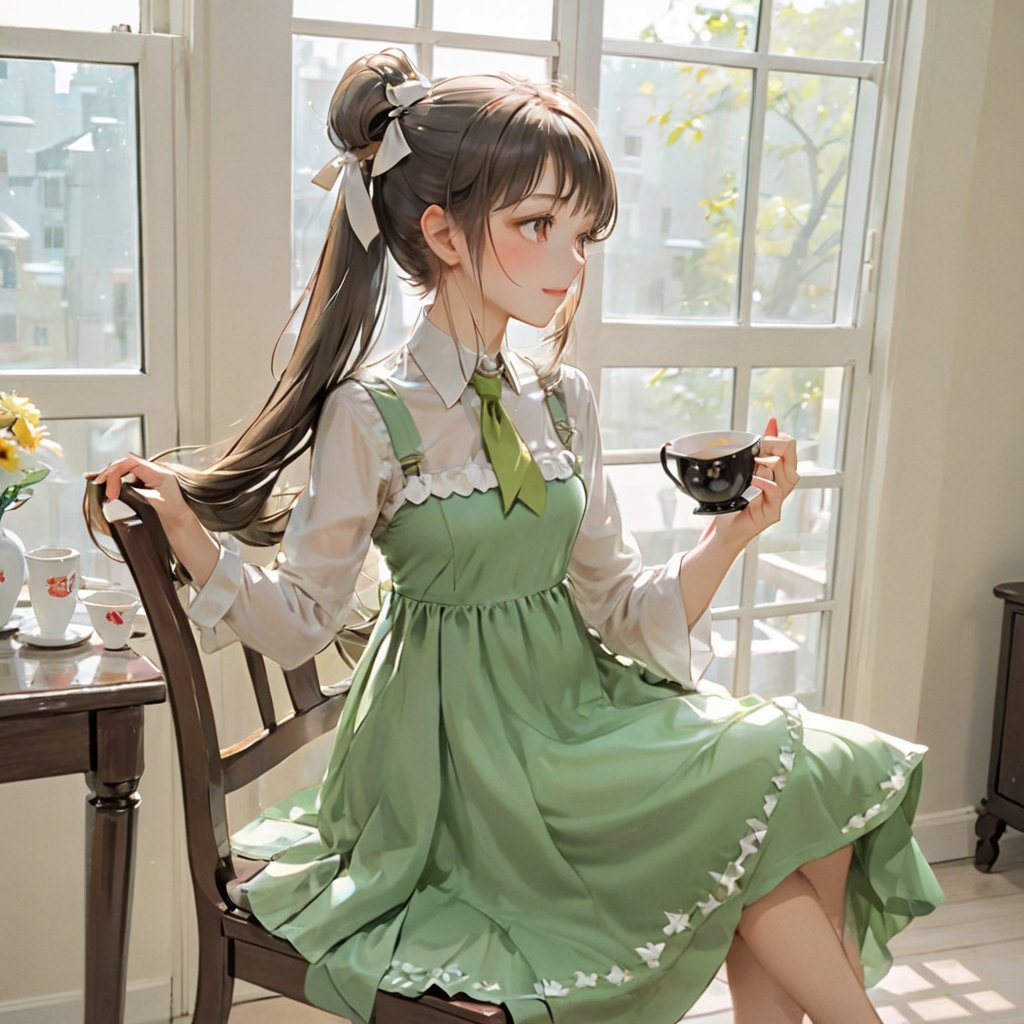 donutgirl, 1girl, solo, long hair, looking at viewer, blush, shirt, long sleeves, dress, bow, ribbon, holding, jewelry, sitting, white shirt, ponytail, flower, hair bow, red hair, earrings, frills, parted lips, food, indoors, necklace, :o, cup, plaid, window, sleeveless dress, chair, table, sunlight, high ponytail, curtains, holding cup, lens flare, plate, teacup, green dress, frilled shirt collar, spoon, pinafore dress, teapot, tea, saucer, vase, plaid dress, holding saucer