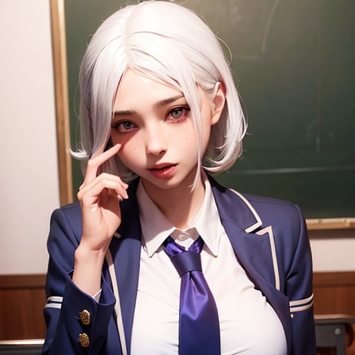 1girl, solo, girl with a pretty face, white hair, purple eyes,(((sexy school uniform))), wearing a stylish very sexy school uniform, with a funny expression on her face  