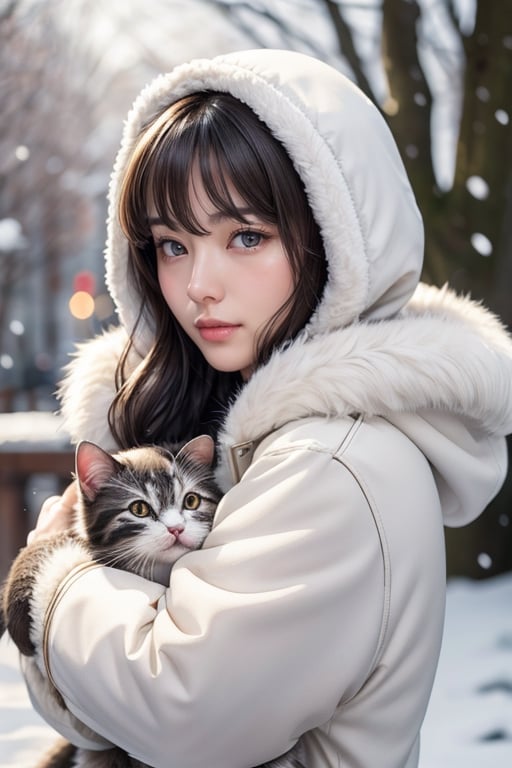 masterpiece,  best quality,  photorealistic,  8k raw photo),  (adult beauty Japanese woman),  highest detailed,  ficus face perfect eyes,  light brown black wavy hair, swept bangs,  wear white fur hood coat, looks very cold, (hug small cat, happiness face), snowing day, 
,blurry_light_background,Realism