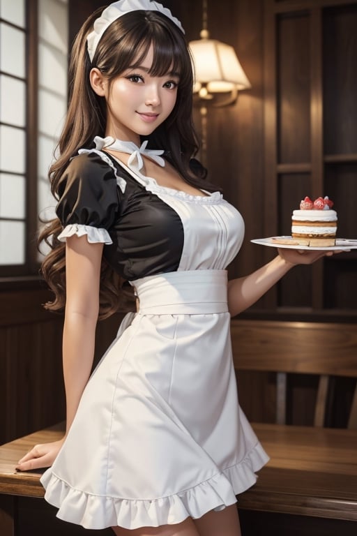 (masterpiece,  best quality:1.3) highres,  8k,  photorealistic,  1 girl per 1 photo,  full body shot,  directly front view,  a Japanese young pretty woman,  wearing a short sleeve satin silky black cute maid costume in the cafe with a big smile,  wearing a white frilled headband,  frilled mini-skirt,  a white frilled apron,  a black choker,  glamorous figure,  hyper cute face,  glossy lips,  sweaty body,  double eyelids in both eyes,  Natural makeup,  long eyelashes,  shiny smooth light brown hair of long wavy hair,  asymmetrical bangs,  tanned skin,  central image,  8K resolution,  high detail,  detailed hairstyle,  Detailed Face,  spectacular cinematic lighting,  octane rendering,  vibrant,  hyper realistic, ( carry glass cup ,cakes on dish at plate) cake on desk