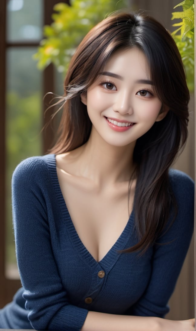 (best quality, masterpiece, photorealistic,8k:1.4),25age Japanese beauty woman, beauty large double eyes, black long hair, swept bangs, wear V-neck knitted, skinny jeans,slim body cleavage, smile , angle full body,detailmaster2