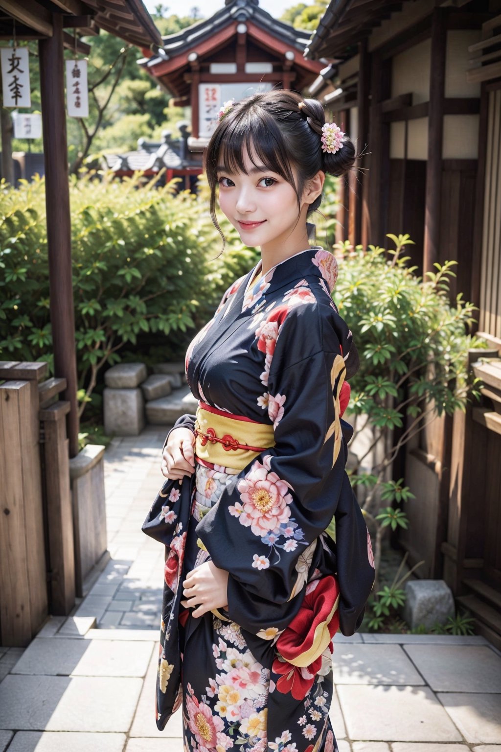  (masterpiece,  Best Quality,  Photorealistic,  detaileds:1.2), 20age beauty Japan woman poses for photo,  Photorealistic perfect body,  realistic,  (black bun hair), take Kanzashi, large double eyes, wearing flower print red Kimono, (happiness smiling), from front shot, first person view,(upper half of body:1.2) looking at viewer, in temple
