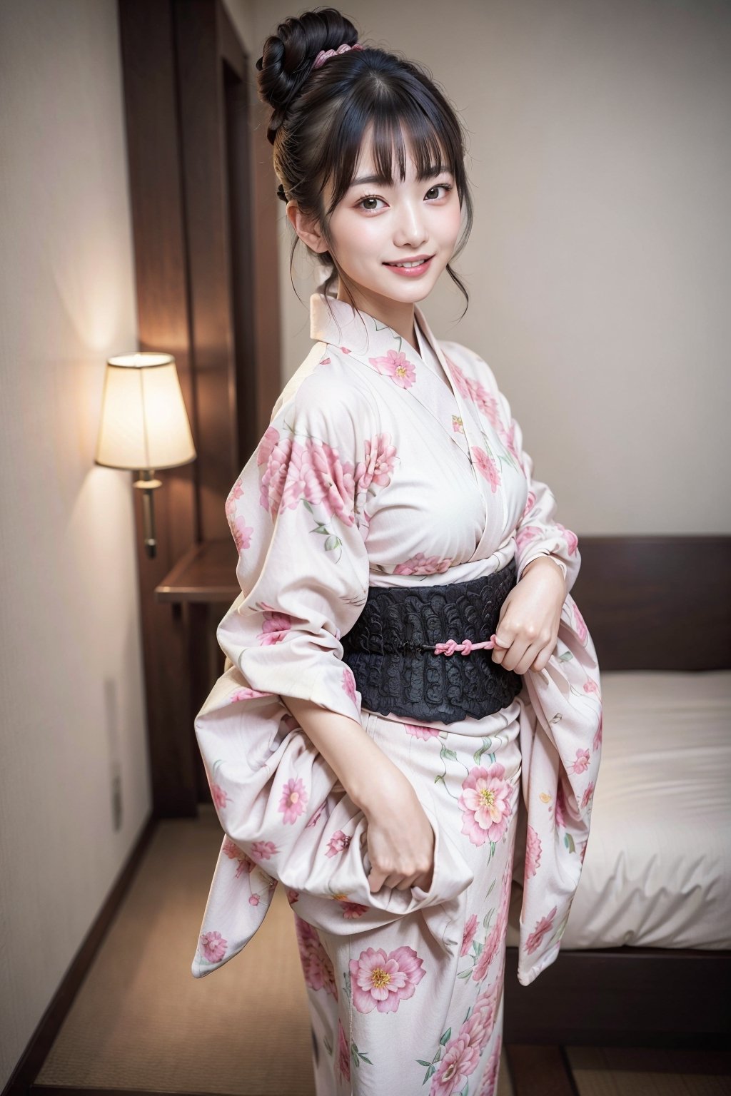  (masterpiece,  Best Quality,  Photorealistic,  detaileds:1.2), 20age beauty Japan woman poses for photo,  Photorealistic perfect body,  realistic,  (black bun hair), take Kanzashi, large double eyes, wearing flower print pink Kimono, (pleasure smiling), turn back face, from behind, first person view,(upper half of body:1.2) looking at viewer, hotel room

