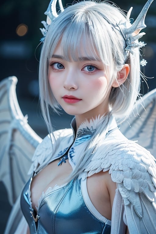 ((best quality)), ((masterpiece)), ((ultra-detailed)), extremely detailed CG, (illustration), ((detailed light)), (an extremely delicate and beautiful), a girl, solo, ((upper body,)), ((cute face)), expressionless, (beautiful detailed eyes), blue dragon eyes, (Vertical pupil:1.2), white hair, shiny hair, colored inner hair, (Dragonwings:1.4), [Armor_dress], blue wings, blue_hair ornament, ice adorns hair, [dragon horn], depth of field, [ice crystal], (snowflake), [loli], [[[[[Jokul]]]]]