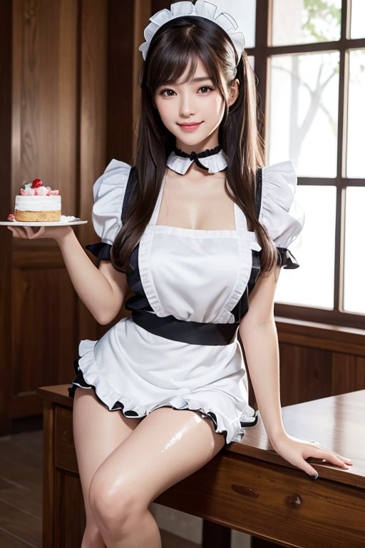 (masterpiece,  best quality:1.3) highres,  8k,  photorealistic,  1 girl per 1 photo,  full body shot,  directly front view,  a Japanese young pretty woman,  wearing a short sleeve satin silky black cute maid costume in the cafe with a big smile,  wearing a white frilled headband,  frilled mini-skirt,  a white frilled apron,  a black choker,  glamorous figure,  hyper cute face,  glossy lips,  sweaty body,  double eyelids in both eyes,  Natural makeup,  long eyelashes,  shiny smooth light brown hair of long wavy hair,  asymmetrical bangs,  tanned skin,  central image,  8K resolution,  high detail,  detailed hairstyle,  Detailed Face,  spectacular cinematic lighting,  octane rendering,  vibrant,  hyper realistic, ( carry glass cup ,cakes on dish at plate) cake on desk