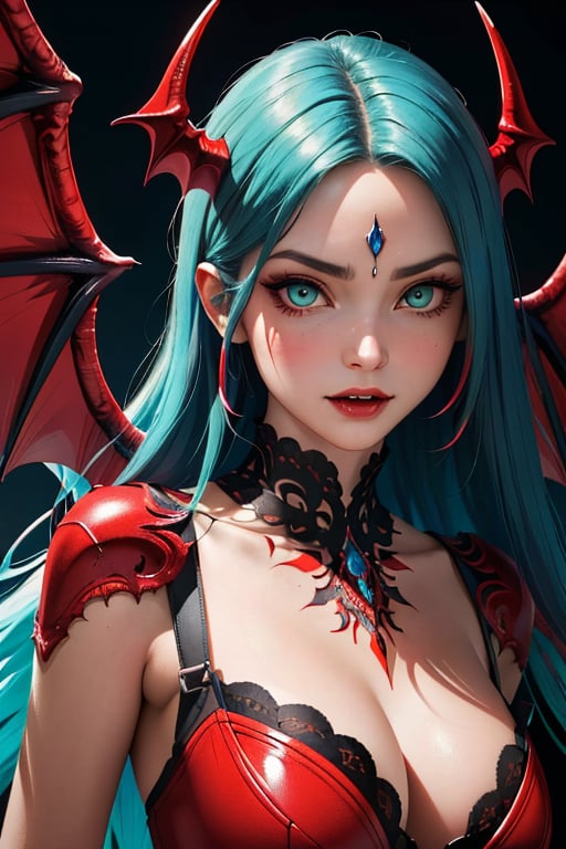 (best quality, masterpiece, colorful, dynamic angle, highest detailed)upper body photo, fashion photography of cute succubus girl, gothic, large demon red wings (high resolution textures), long green hair, (abstract art), half demon, crimson cat iris, cat eyes, vampire very long fangs, (intricate details, hyperdetailed:1.15), detailed, moonlight passing through hair, (official art, extreme detailed, highest detailed),