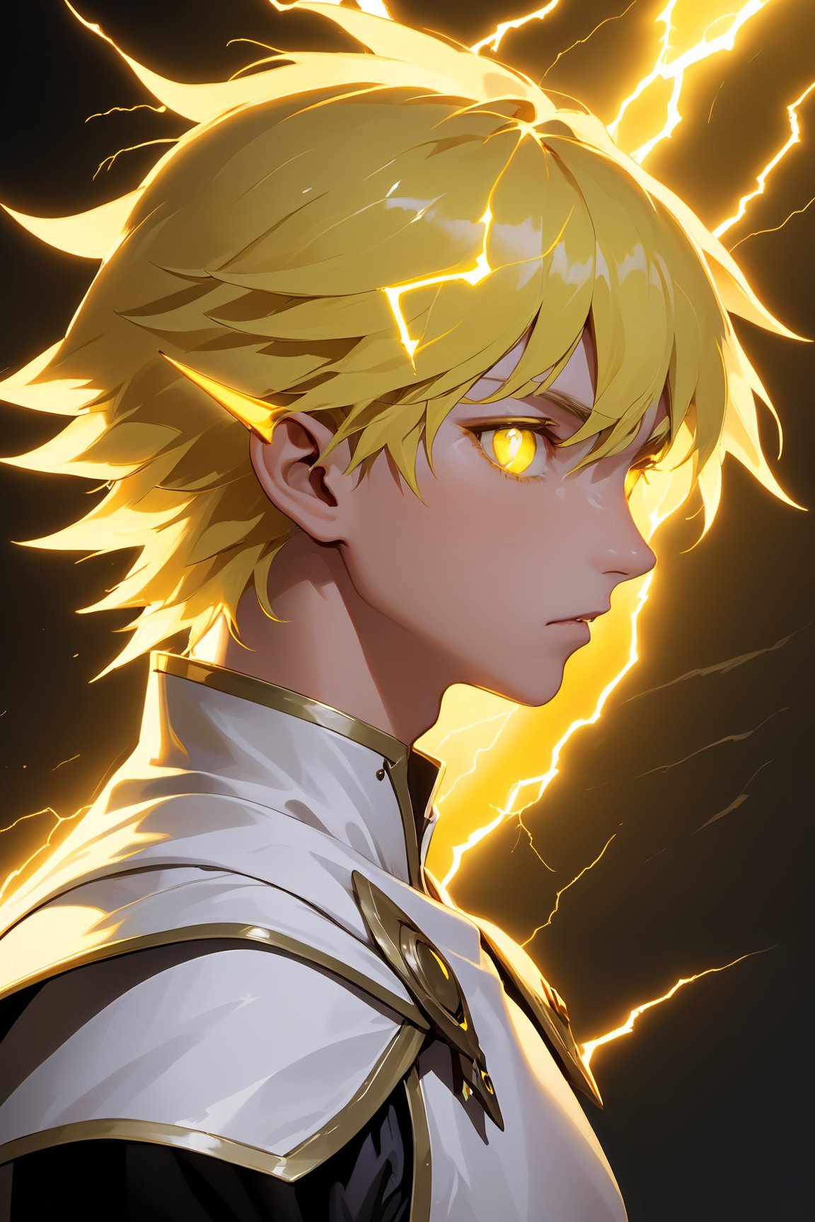 male, adult, handsome man, expressionless, 1boy, 1man, a little close up, sideview, profile 3/4, upper body shoot, Wearing white cultivator outfit, yellow hair, bright yellow pupils, ((specials rune pupils, lightning coming out of eyes)) ((eye power)), cold gaze, yellow lightning all around, black background , oil painting, (masterpiece), detailed, finished illustration, 3d Soft shadow and light, thunder and lightning coming out from behind, Eldritch, artstyle: wataboku, mai yoneyama, greg rutkowski and emylie boivin, 4k cover, 3d light, smooth shadow and lights, gorgeous light