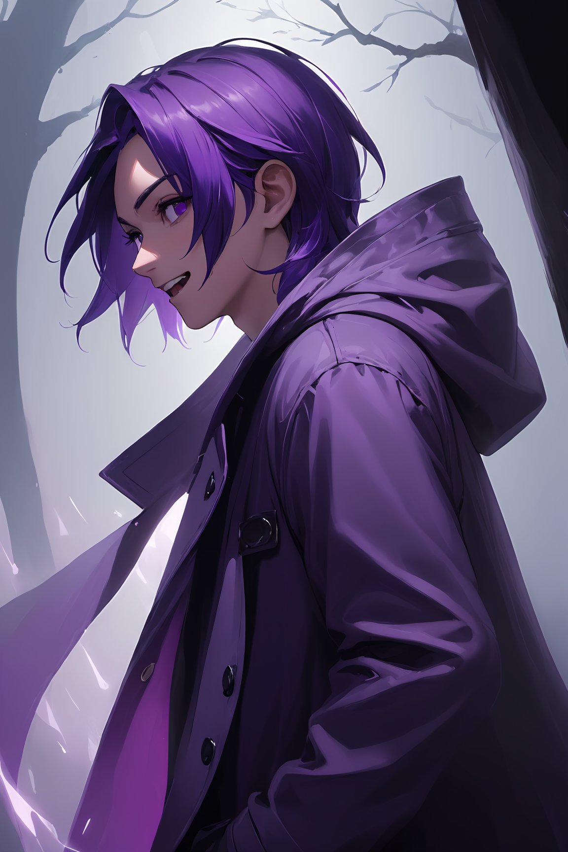 (masterpiece,best quality,ultra_detailed,highres,absurdres:1.2), male, adult, handsome man, (crazy laughing:1.4), 1boy, 1man, a little close up, sideview, profile 3/4, upper body shoot, Wearing purple overcoat, hood, purple hair, bright purple pupils, ((specials rune pupils, poisonous gas coming out of him eyes)) ((eye power)), mad gaze, purple poisonous fog all around, black background , oil painting, (masterpiece), detailed, finished illustration, 3d Soft shadow and light, purple poisonous fog coming out from behind, Eldritch, artstyle: wataboku, mai yoneyama, greg rutkowski and emylie boivin, 4k cover, 3d light, smooth shadow and lights, gorgeous light