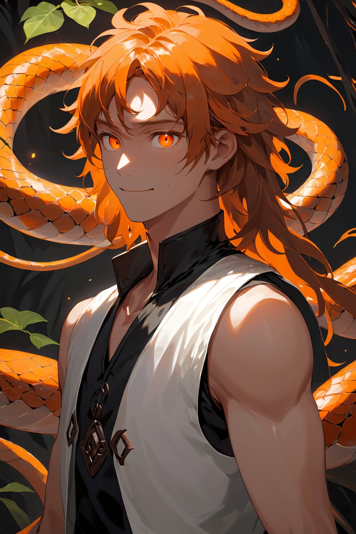 male, adult, handsome man, light smile, 1boy, 1man, a little close up, sideview, profile 3/4, upper body shoot, Wearing white vest that covers half body, [full black nanotechnology arm], orange long hair, bright orange pupils, ((specials rune pupils)) ((eye power)), calm gaze, orange snakes made of energy all around, background with glitches, oil painting, (masterpiece), detailed, finished illustration, 3d Soft shadow and light, white snakes coming out from behind, Eldritch, artstyle: wataboku, mai yoneyama, greg rutkowski and emylie boivin, 4k cover, 3d light, smooth shadow and lights, gorgeous light