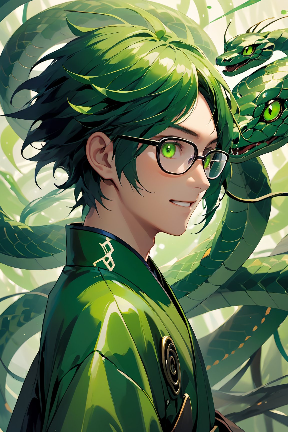 male, adult, handsome man, mad smile, 1boy, 1man, a little close up, sideview, profile 3/4, upper body shoot, glasses, Wearing dark green hightech kimono (arms made of nanotechnology:1.4), green spike hair, bright green pupils, ((specials rune pupils)) ((eye power)), mad gaze, green Hightech drones all around, background with glitches, oil painting, (masterpiece), detailed, finished illustration, 3d Soft shadow and light, white snakes coming out from behind, Eldritch, artstyle: wataboku, mai yoneyama, greg rutkowski and emylie boivin, 4k cover, 3d light, smooth shadow and lights, gorgeous light