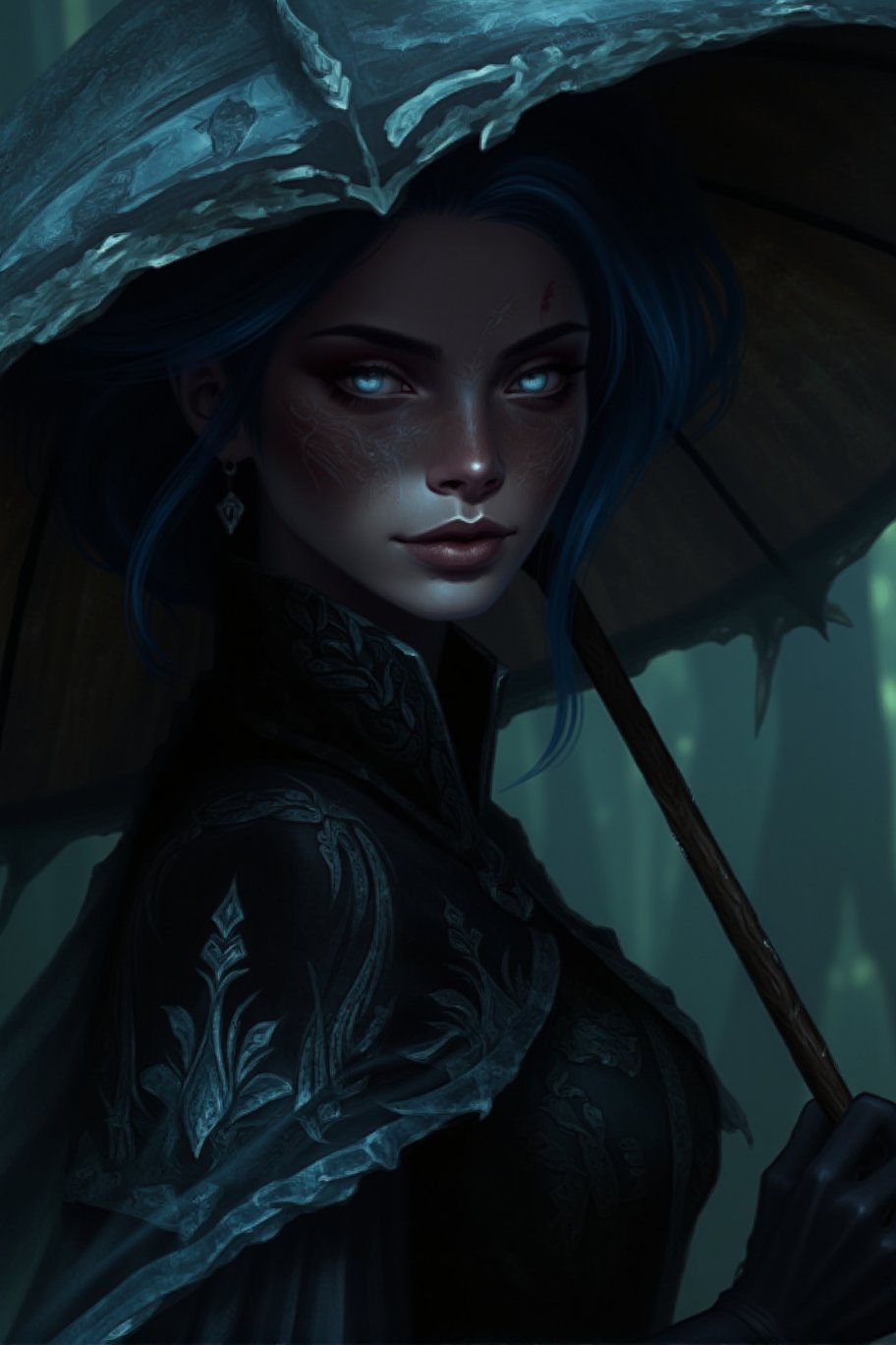 A close-up shot of a young woman with striking features: blue hair, sky-blue eyes, and freckles across her cheeks. Her expression is solemn, conveying intensity and focus. She holds a one-of-a-kind, intricately designed umbrella that adds to the overall mystique. The subject wears a flowing black dress adorned with intricate embroidery, which catches the subtle lighting. Framed by dark surroundings, the woman's enigmatic presence dominates the frame, , lolsart style, bosstyle