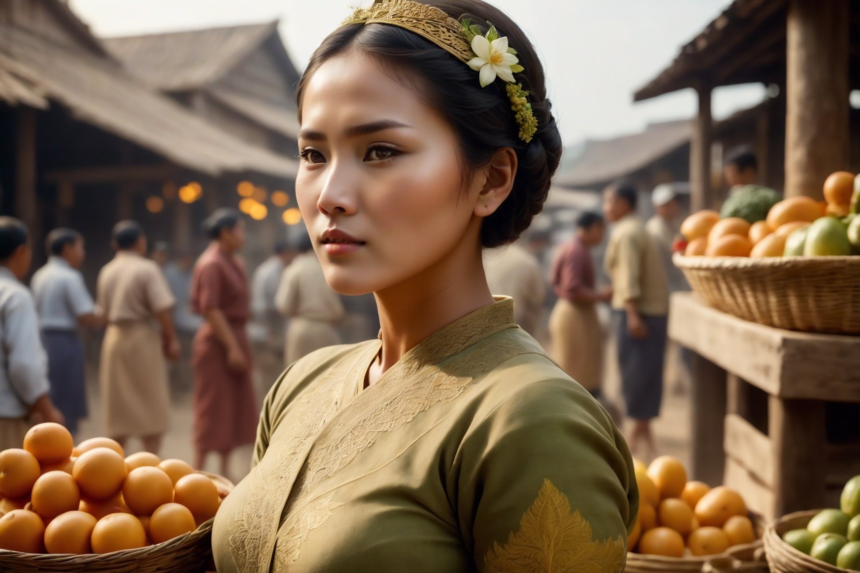 Ancient Drama-themed cinematic film still ((Natural Portrait)),(best quality, masterpiece:1.2), photorealistic, ultra high res, front lighting, intricate detail, Exquisite details and textures, ((Pure burmese lady with short hair in ordinary villagers clothes)) is selling fruits and vegetable at market restaurant, crowded, golden time outdoor, cinemascope, epic, gorgeous, film grain, grainy. highly detailed, legs to up, from top side view, below shot, focus.