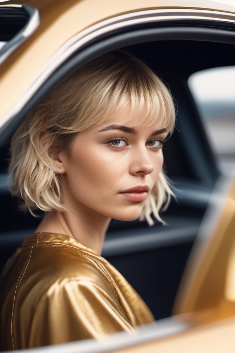 Swedish lady, pretty face, asymmetrical bangs, short wavy hair, wearing street racer dress. Steering street racing car, sitting at car driver seat.realistic, golden time, open windows. Close up. From side view.
