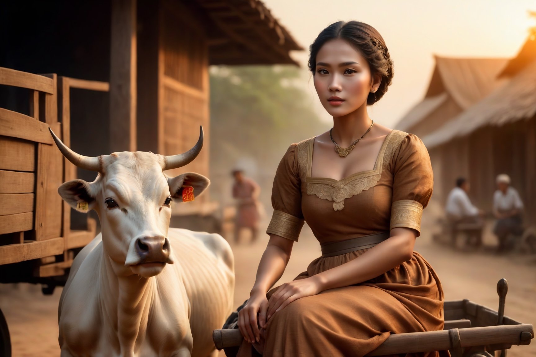 Ancient Drama-themed cinematic film still ((Natural Portrait)),(best quality, masterpiece:1.2), photorealistic, ultra high res, front lighting, intricate detail, Exquisite details and textures, 
((Pure burmese lady with short hair in ordinary villagers dress)) is sitting at a cart pulled by cow at the village street, sunset time, outdoor, cinemascope, epic, gorgeous, film grain, grainy. highly detailed. Legs to up view, candid shot. 