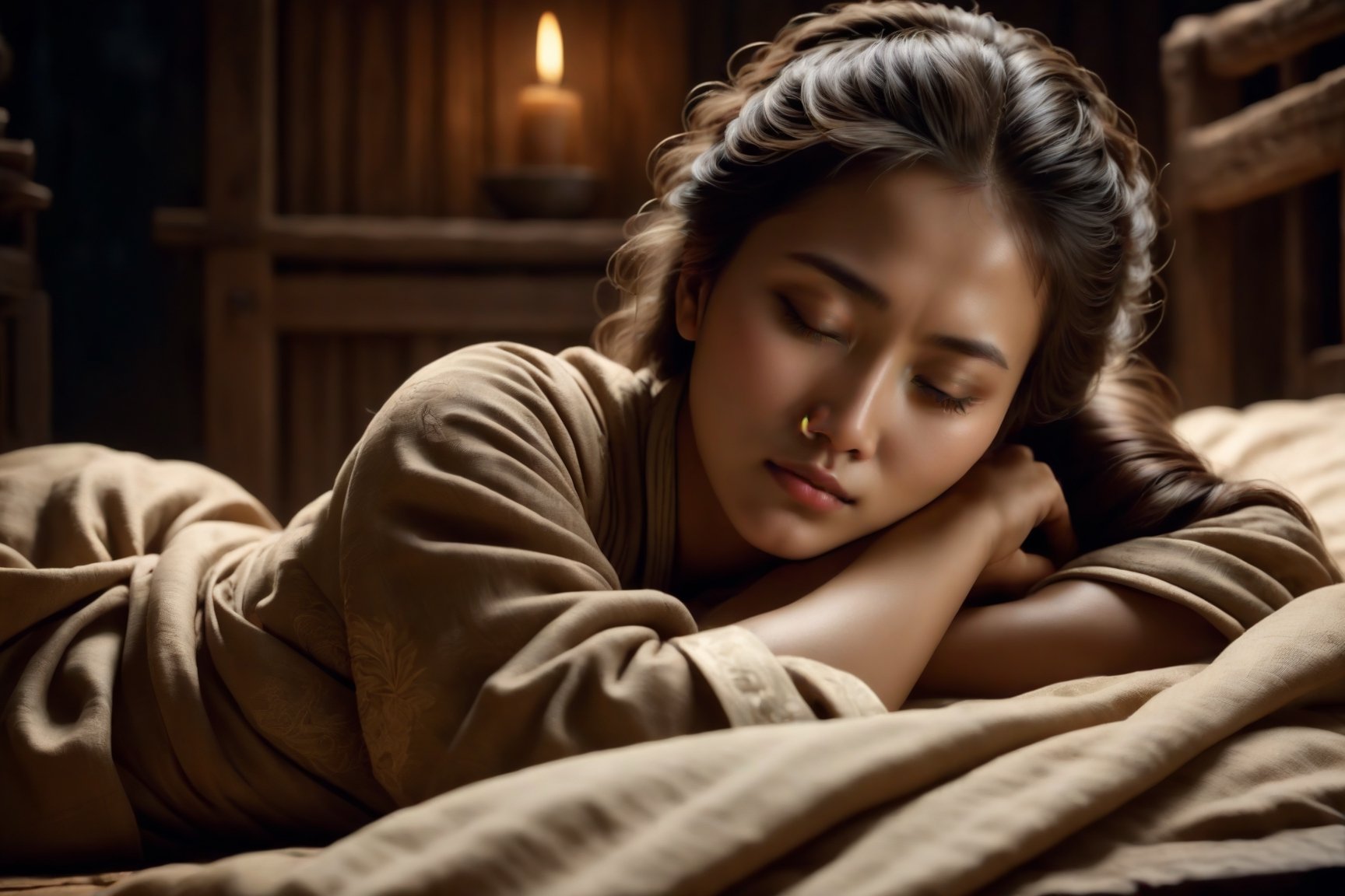 Ancient Drama-themed cinematic film still ((Natural Portrait)),(best quality, masterpiece:1.2), photorealistic, ultra high res, front lighting, intricate detail, Exquisite details and textures, ((Pure burmese lady with messy hair in ordinary villagers clothes)) is sleeping, lying on wooden bed sheet in villager bed room, night time, dark,  real shadows, no lights, indoor, cinemascope, epic, gorgeous, film grain, grainy. highly detailed, from top view, from top shot, focus.