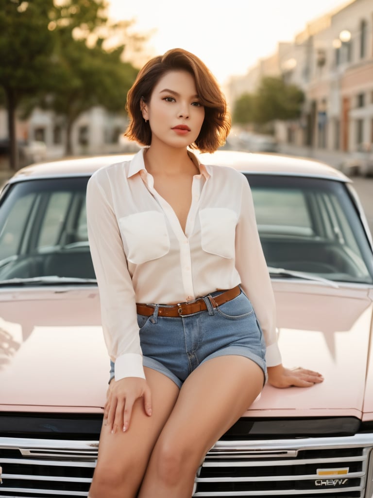 Portrait photo of filthy lady with almond eyes, blush, natural make-up, full lips, plump chin,  elegant short hair, hourglass body,  plump medium breast in a loose shirt and shorts, sitting on car hood, showing legs. Chevy, street, cars scenery. Natural light, elegant, sharp focus, photo by greg rutkowski, soft lighting, (masterpiece), (detailed face:1.2),inst4 style, from back view.,xxmix_girl, sexy