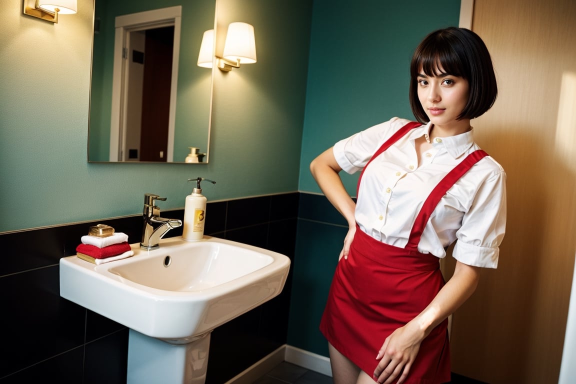 (dynamic camera),photo RAW,(hips to up:1.2) a playfull girl with bob hair, asymmetric_bangs, young, make up, perfect body, proportional body wearing maid ornate apron and collared shirt and pencil skirt is
Tidy up toilet. at hotel room. Realistic, realism, hd, 35mm photograph, 8k), masterpiece, award winning photography, natural light, perfect composition, high detail.