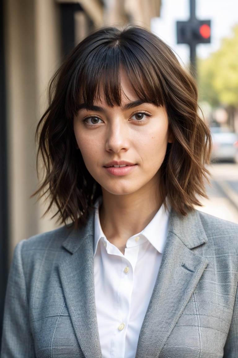 (dynamic camera),photo RAW,(close up:1.2) a pretty girl with short wavy hair, asymmetrical bangs, mature, make up, full lips, perfect body, proportional body wearing blazer and collared shirt and pencil skirt is a
Walking at town street, office. Realistic, realism, hd, 35mm photograph, 8k), masterpiece, award winning photography, natural light, perfect composition, high detail.