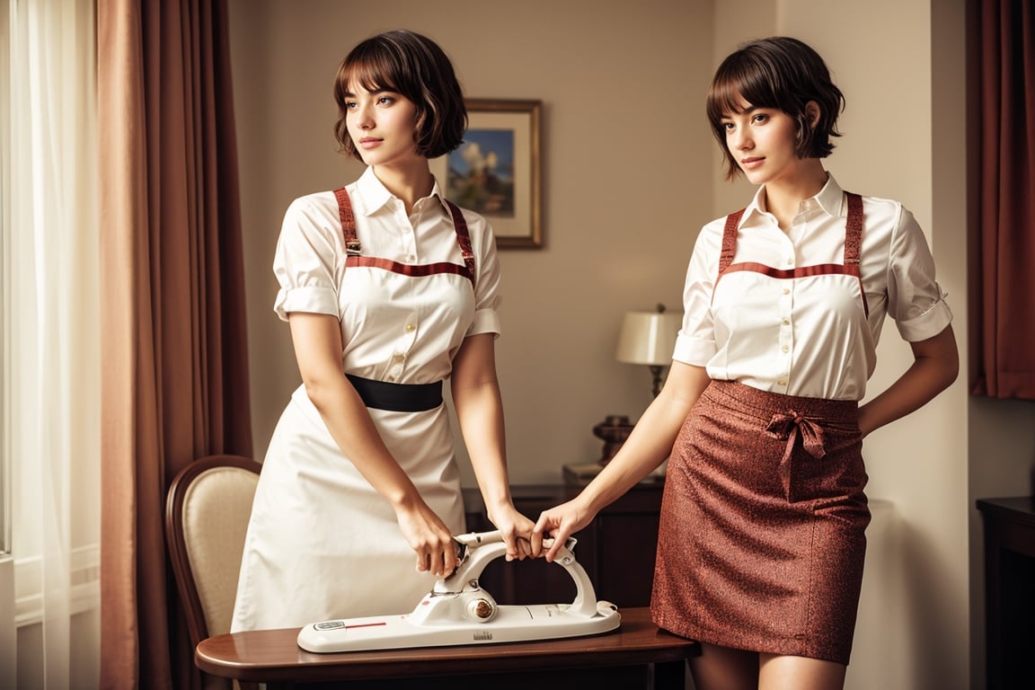 (dynamic camera),photo RAW,(hips to up:1.2) a playfull girl with bob hair, asymmetric_bangs, young, make up, perfect body, proportional body wearing maid ornate apron and collared shirt and pencil skirt is
Ironing clothes. at hotel room. Realistic, realism, hd, 35mm photograph, 8k), masterpiece, award winning photography, natural light, perfect composition, high detail.