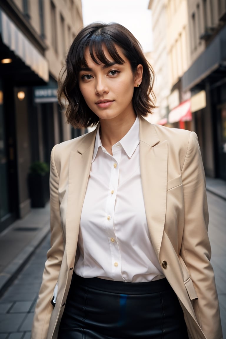 (dynamic camera),photo RAW,(close up:1.2) a pretty girl with short wavy hair, asymmetrical bangs, mature, make up, full lips, perfect body, proportional body wearing blazer and collared shirt and pencil skirt is a
Walking at town street, office. Realistic, realism, hd, 35mm photograph, 8k), masterpiece, award winning photography, natural light, perfect composition, high detail.