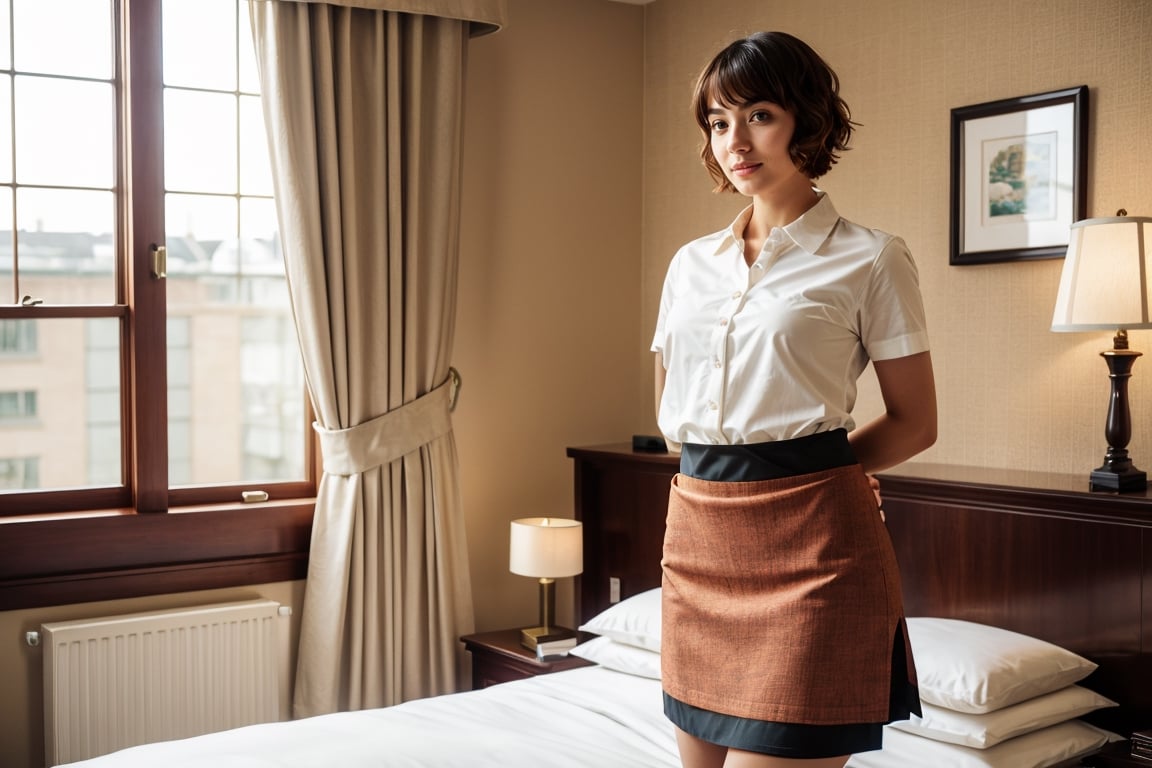 (dynamic camera),photo RAW,(hips to up:1.2) a playfull girl with bob hair, asymmetric_bangs, young, make up, perfect body, proportional body wearing maid ornate apron and collared shirt and pencil skirt is
Tidy up bed at hotel room. Realistic, realism, hd, 35mm photograph, 8k), masterpiece, award winning photography, natural light, perfect composition, high detail.