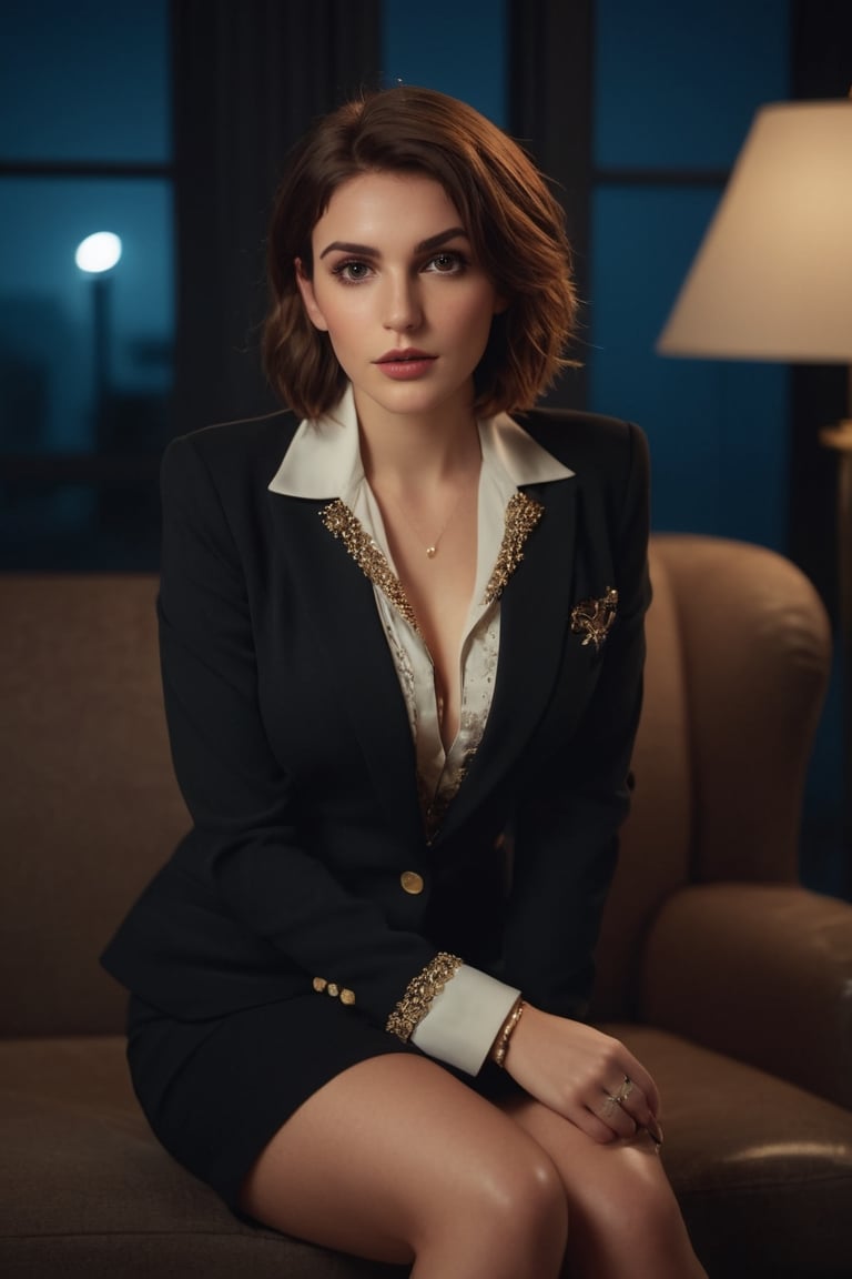 an bewitching jewish female with short messy brown hair, almond eyes, full lips, hourglass body, big breast wearing ornate blazer and collar shirt and jewelry and short skirt. Sitting on comfort couch, crossing legs. Office, desk lamp, indoor, scenery. Night time, desk lamp lighting. cinematic photo, sexy, filthy ,Movie Still,xxmix_girl