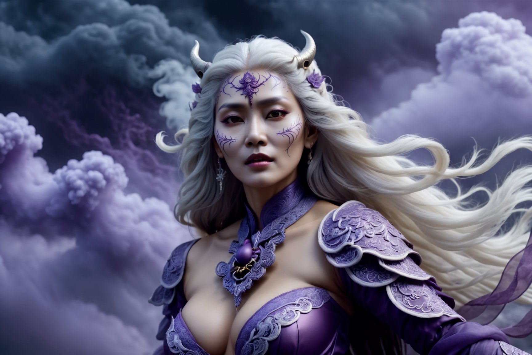 Ancient Drama-themed cinematic film still,(best quality, masterpiece:1.2), photorealistic, intricate detail, Exquisite details and textures, ((mature burmese lady with long white hair, wearing evil mask, open mouth, absorbing purple smoke)) is covered with typhoon purple smoke while flying among sky of black clouds, night time, cinemascope, epic, gorgeous, film grain, grainy. highly detailed, wide side view, focus, dark background, (dynamic pose:1.8).,more detail XL,monster