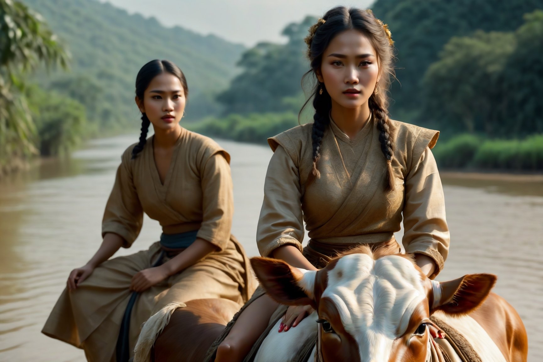 Ancient Drama-themed cinematic film still ((Natural Portrait)),(best quality, masterpiece:1.2), photorealistic, ultra high res, front lighting, intricate detail, Exquisite details and textures, ((Pure burmese lady with messy hair in ordinary villagers clothes)) is riding a cow at river golden time outdoor, cinemascope, epic, gorgeous, film grain, grainy. highly detailed, from side view, cowboy shot, focus.