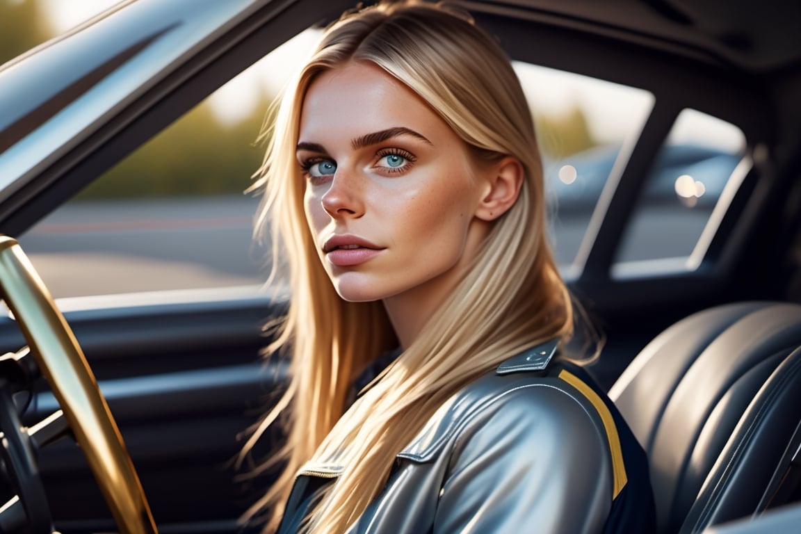 Swedish lady, pretty face, asymmetrical bangs, straight long haircut, almond eyes, top model face, wearing jacket and tshirt. Steering street racing car, sitting at car driver seat.realistic, golden time, open windows. Close up. From side view.
