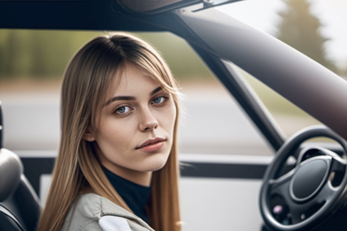 Swedish lady, pretty face, asymmetrical bangs, straight long haircut, almond eyes, top model face, wearing jacket and tshirt. Steering street racing car, sitting at car driver seat.realistic, golden time, open windows. Close up. From side view.
