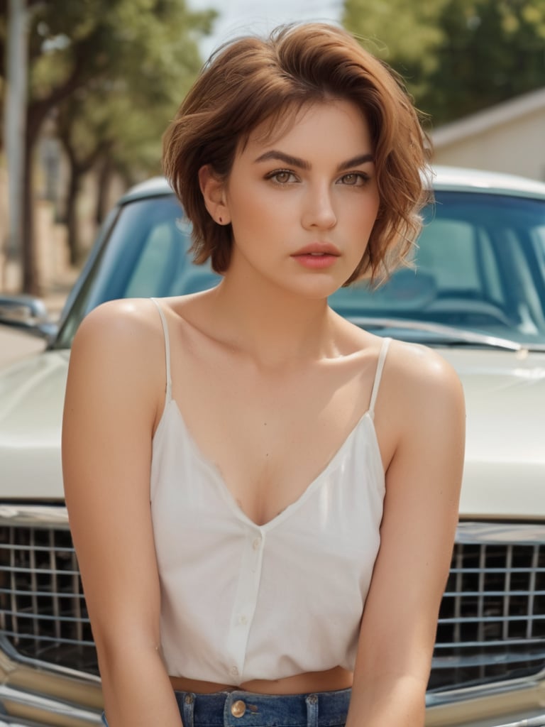 Portrait photo of filthy lady with almond eyes, blush, natural make-up, full lips, plump chin,  elegant short hair, hourglass body,  plump medium breast in a loose shirt and shorts,  one_hand_raised, one_armpits, sitting_down car hood, showing legs. Chevy, street, cars scenery. Natural light, elegant, sharp focus, photo by greg rutkowski, soft lighting, (masterpiece), (detailed face:1.2),inst4 style, from back view.,xxmix_girl, sexy