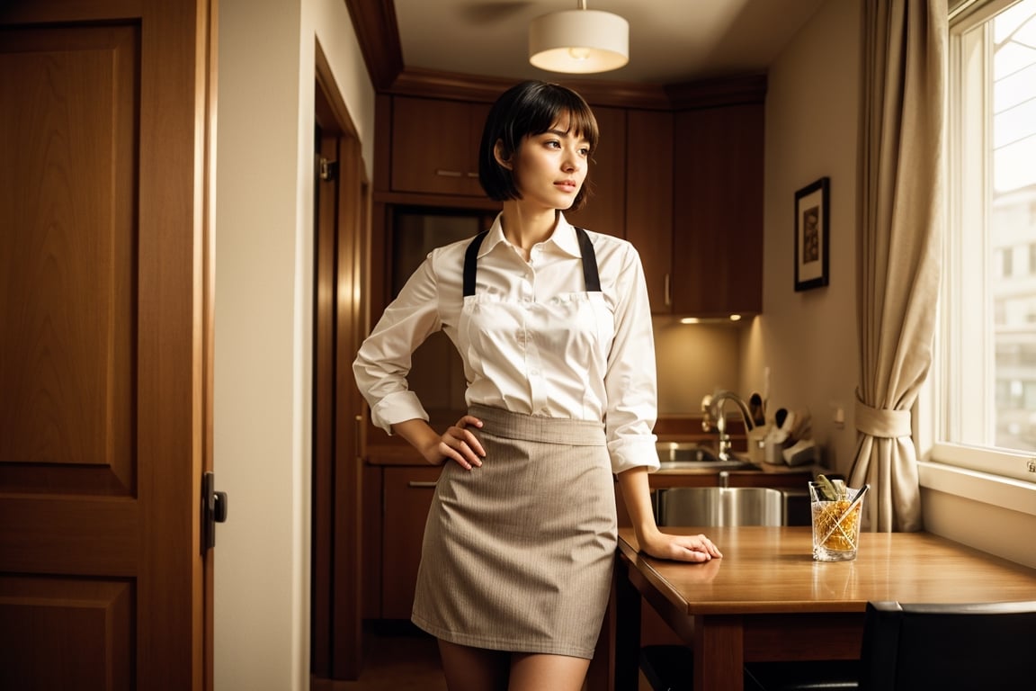 (dynamic camera),photo RAW,(hips to up:1.2) a playfull girl with bob hair, asymmetric_bangs, young, make up, perfect body, proportional body wearing maid ornate apron and collared shirt and pencil skirt is
Delivering meals to room. at hotel room. Realistic, realism, hd, 35mm photograph, 8k), masterpiece, award winning photography, natural light, perfect composition, high detail.